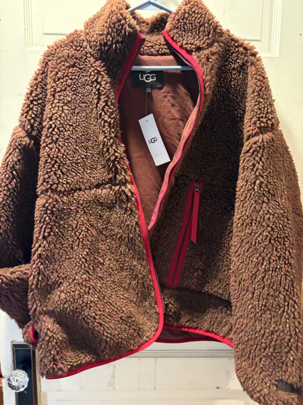 UGG Kids' Brown Sherpa Puffer Jacket with Red Trim